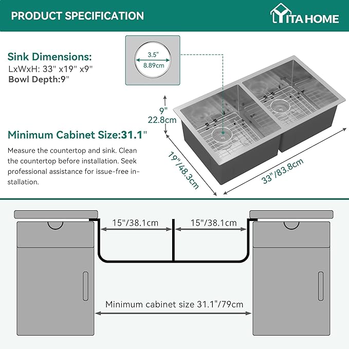 YITAHOME Kitchen Sink 33" x 19" x 10" Undermount Sink 304 Stainless Steel 50/50 Double Bowl Sink with Accessories for Workstation, Prep Kitchen, Bar Sink