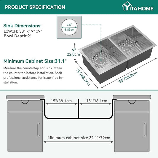 YITAHOME Kitchen Sink 33" x 19" x 10" Undermount Sink 304 Stainless Steel 50/50 Double Bowl Sink with Accessories for Workstation, Prep Kitchen, Bar Sink
