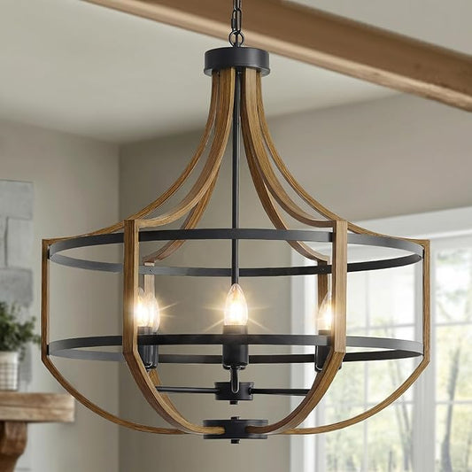 23.6" Farmhouse Chandelier for Dining Room, 6-Light Rustic Brown Faux Wood Pendant Light Fixtures, Black Frame Foyer Chandelier for Entryway Kitchen Island Bedroom Living Room