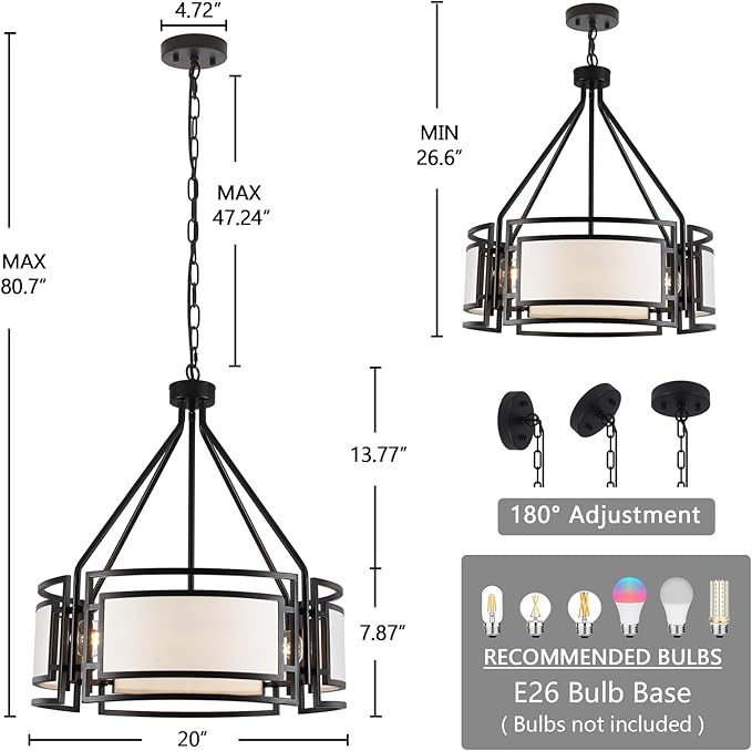 20'' Black Drum Chandeliers, 5Lights Black and White Drum Chandelier Modern Industrial Pendant Light Fixture, Adjustable Fabric Chandelier for Dining Room Kitchen Island Living Room Foyer E26
