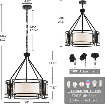 20'' Black Drum Chandeliers, 5Lights Black and White Drum Chandelier Modern Industrial Pendant Light Fixture, Adjustable Fabric Chandelier for Dining Room Kitchen Island Living Room Foyer E26