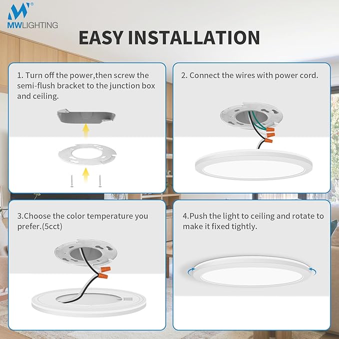 mw 4 Pack 12 Inch LED Flush Mount Ceiling Light Fixture with Night Light,24W, 120V, 2700K/3000K/3500K/4000K/5000K Selectable, Wired (No Remote),LED Ceiling Light with Night Light,ETL Certified