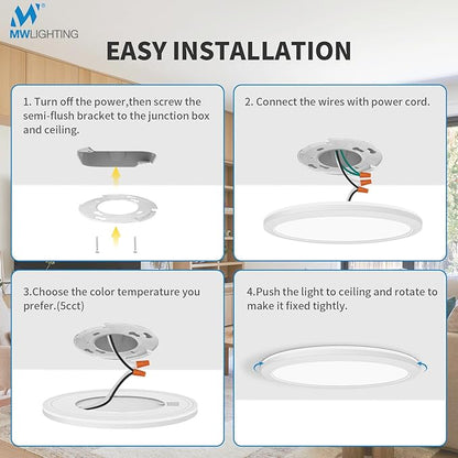 mw 4 Pack 12 Inch LED Flush Mount Ceiling Light Fixture with Night Light,24W, 120V, 2700K/3000K/3500K/4000K/5000K Selectable, Wired (No Remote),LED Ceiling Light with Night Light,ETL Certified