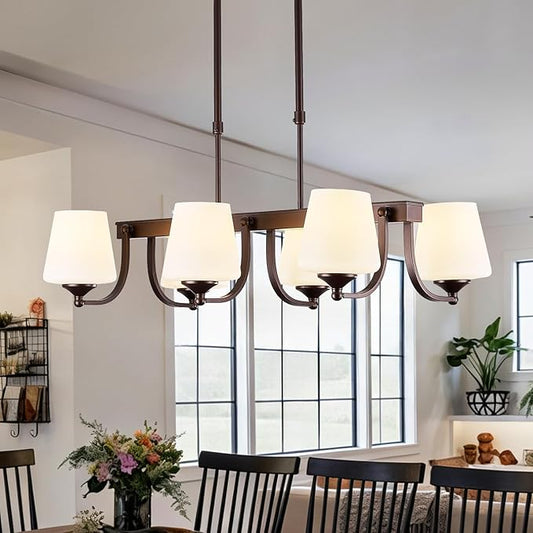 Dining Room Light Fixture Chandelier Over Table,6 Light Kitchen Island Lighting Hanging for Farmhouse Linear Chandeliers Oil Rubbed Bronze Rustic Ceiling Pendant Light with Frosted Glass Shade
