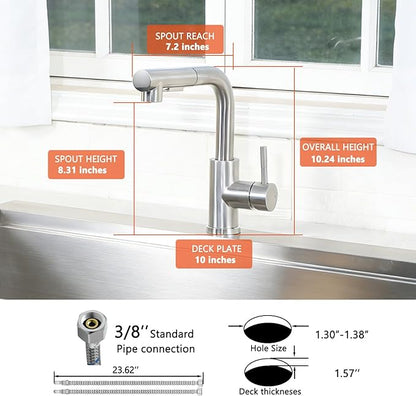 Friho Bar Sink Faucet with Pull Down Sprayer - Lead-Free SUS304 Stainless Steel Single Handle Kitchen Faucet, Brushed Nickel High Arc Kitchen Sink Faucet for Bar, Prep Station, RV & Laundry Room
