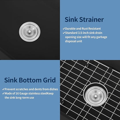 Black Bar Sink 18 x 14, Matte Black Granite Composite Undermount Kitchen Sinks, 18 Inch Quartz Stone Kitchen Sink With Sink Drain Assembly and Sink Bottom Grid