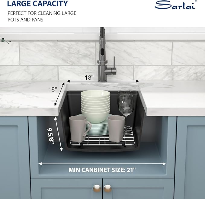 Sarlai 18 Black Kitchen Sink Granite Composite - 18 x 18 inch Bar Prep Workstation Sink Black Granite Composite Quartz Undermount Single Bowl Rectangular RV Camper Sinks Basin