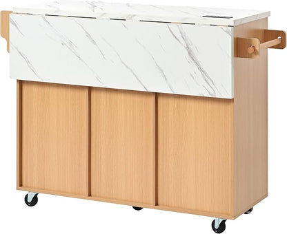 Merax Farmhouse 52 inch Rolling Kitchen Island on Wheels with Drop Leaf Table & Power Outlet, Wood Fluted Kitchen Cart on Wheels with Faux Marble Top, 2 Drawers & Cabinets, 52" Wide Natural