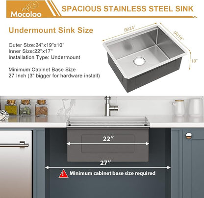 Mocoloo 24 Inch Undermount Kitchen Sink - 24 x 19 Bar Sinks Stainless Steel 16 Gauge Single Bowl Under Counter Small Kitchen Sink Workstation 10'' Deep Handmade Basin