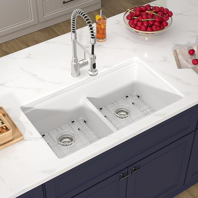 33 Inch Undermount White Granite Composite Kitchen Sink Under Counter Quartz Double Bowl Sink Workstation Sinks with Accessories Quick Drain Noise Reduction Home Renovation Classic Style