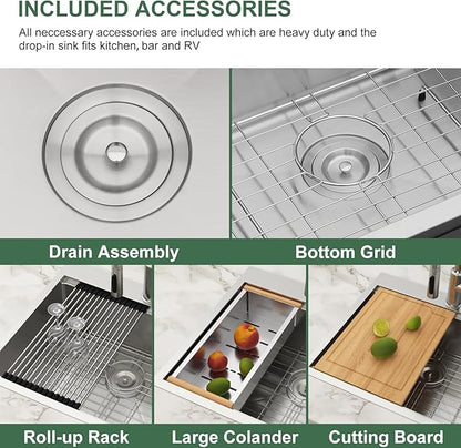 33x22 Drop In Kitchen Sink Workstation - Couoko 33 Inch 16 Gauge T304 Stainless Steel Drop In Sink Large Deep Handmade Single Bowl Kitchen Sinks with Accessories, 33"x22"x9"