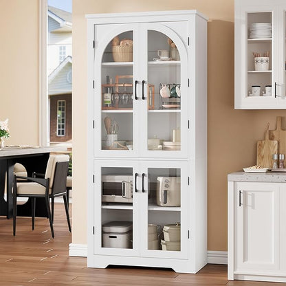 Garvee 70" Tall Kitchen Pantry Cabinet - Modern Display Cabinet with 4 Arched Glass Doors and Adjustable Shelves, Versatile Cupboard Organizers for Kitchen, Dining Room, Living Room, Bathroom, White