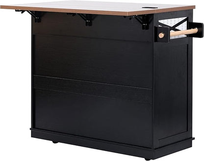 Ball & Cast 46.5" Kitchen Island with Drape of Beads&Power Outlet,Rolling Kitchen Cart on 5 Wheels W/ 3 Drawers,Kitchen Storage Cart W/Internal Iron Shelf&Towel Rack,for Kitchen,Dining Room,Black