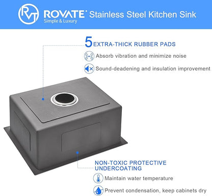 ROVATE 20 x 16 x 9 inch Kitchen Sink Undermount Single Bowl, Bar or Kitchen Sink Handmade, 304 Stainless Steel Kitchen Sinks with Strainer