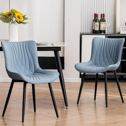 Kidol & Shellder Dining Chairs Set of 2, Mid Century Modern Kitchen Chairs with Black Metel Legs, PU Leather Upholstered Side Chair for Dining Room, Living Room, Lounge, Restaurant, Blue
