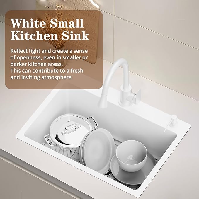 White 25x18 Inch Kitchen&Bar Sink- Stainless Steel Drop In Single Bowl Topmount Kitchen And Bar Sink With Sink Grid And Drain Assembly Bright White Bar Sink Enhance Aesthetic Appeal Of Modern Kitchen