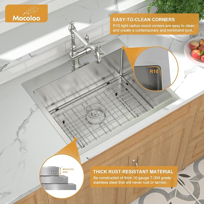 Mocoloo 25 Inch Drop In Kitchen Sink - 25 x 22 Stainless Steel Kitchen Sinks Topmount 16 Gauge Single Bowl Above Counter Handmade Sink, 10'' Deep Basin