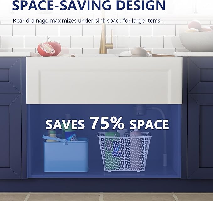 DeerValley 33" L x 20" W White Farmhouse Workstation Sink, Reversible Fireclay Deep Single Bowl Apron Front Kitchen Sink, Undermount Farm Sink with Ledge and Accessories