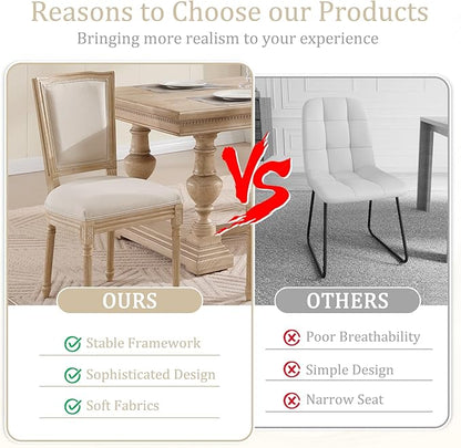 Farmhouse Vintage Dining Chairs Set of 2, Linen Fabric Dining Chairs with Square Rattan Backrest, Kitchen & Dining Room Chairs for Restaurant/Living Room (Beige-Padded, Set of 2)