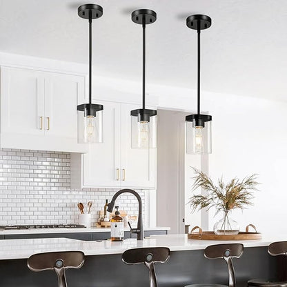 Modern Pendant Light Fixtures 3-Pack, Matte Black Pendant Lights Kitchen Island with Square Transparent Glass, Glass Pendant Light for Dining Room, Bedroom, Living Room, Farmhouse