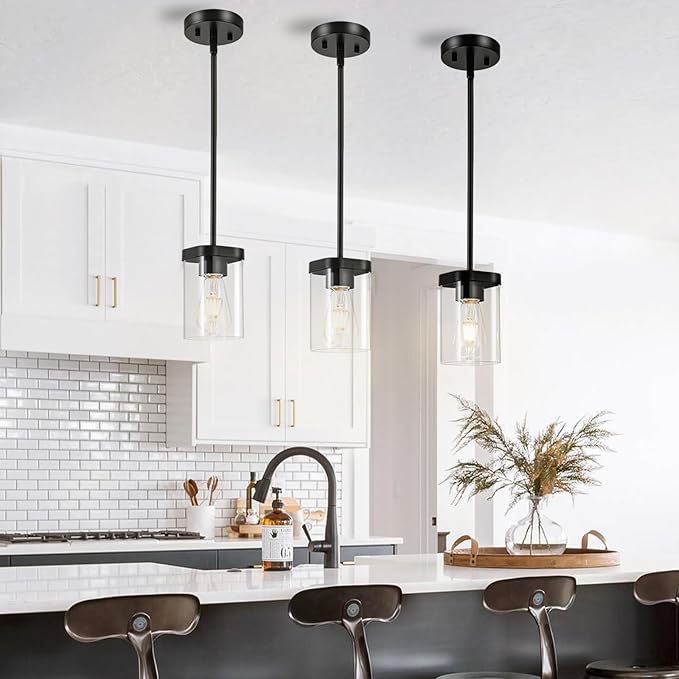 Modern Pendant Light Fixtures 2-Pack, Matte Black Pendant Lights Kitchen Island with Square Transparent Glass, Glass Pendant Light for Dining Room, Bedroom, Living Room, Farmhouse