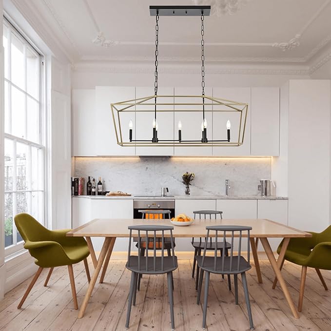 7-Light Farmhouse Lantern Island Chandelier, Black and Gold Rectangular Kitchen Island Light Fixture, Modern Dining Room Hanging Ceiling Light Over Table, E12 Candle Base