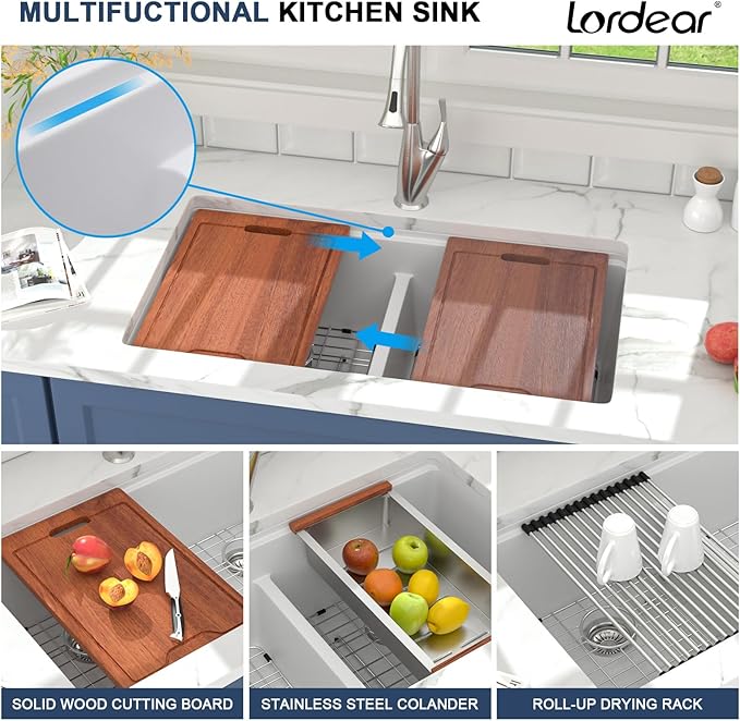Lordear 33 Granite Composite Kitchen Sink Double Bowl White Granite Kitchen Sink Ledge Workstation 33"x19" White Undermount Double Bowl 50/50 Low Divide Quartz Classic Composite Under Counter Basin