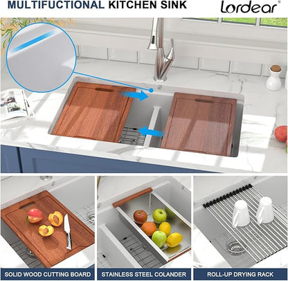Lordear 33 Granite Composite Kitchen Sink Double Bowl White Granite Kitchen Sink Ledge Workstation 33"x19" White Undermount Double Bowl 50/50 Low Divide Quartz Classic Composite Under Counter Basin