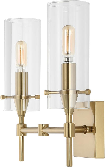 JONATHAN Y 13.5" Brass Gold/Clear Modern Farmhouse LED Vanity Light Sconce, Clear Glass Cylinder Shade, Wall Lamp for Bathroom Mirror Hallway Entryway, LED Bulb Included (JYL7806C)