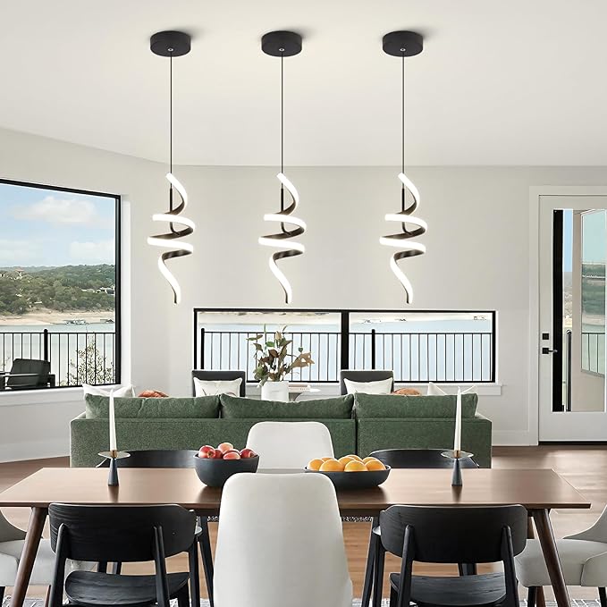 4000K Modern Pendant Light, 15IN Spiral LED Pendant Lights Adjustable Height Black Kitchen Island Fixtures Chandeliers for Dining Room Hanging Lights, 1 Pack (Black,4000K, Hardwired,2PACKS)