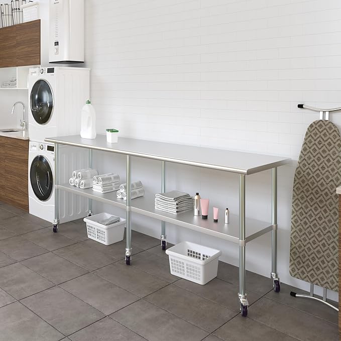 Stainless Steel Work Table with Wheels | NSF Kitchen Island Food Prep | Laundry Garage Utility Bench (Table + Wheels, 96" Long x 24" Deep)