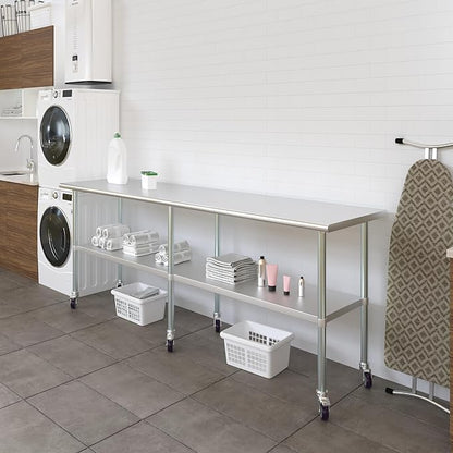 Stainless Steel Work Table with Wheels | NSF Kitchen Island Food Prep | Laundry Garage Utility Bench (Table + Wheels, 96" Long x 24" Deep)