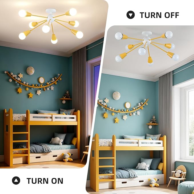 Yellow Sputnik Ceiling Light Fixture, 8-Lights Kids Ceiling Light Semi Flush Mount Ceiling Lights for Bedroom Entryway Kitchen