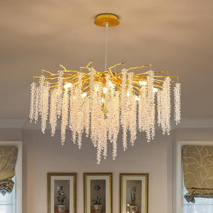 Crystal Tree Branches Chandeliers Luxury Round Raindrop Pendant Light Fixture Ceiling Hanging Light for Dining Room Bedroom Living Room Entryway D31.5“ Gold