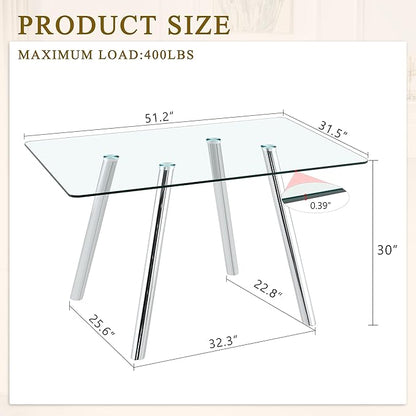 51.2'' Modern Glass Dining Table for 4-6, Rectangular Dining Room Table with Silver Metal Legs, Clear Tempered Glass Top Dining Table for 4, Space-Saving Dinner Kitchen Table for 4, 400lbs Load