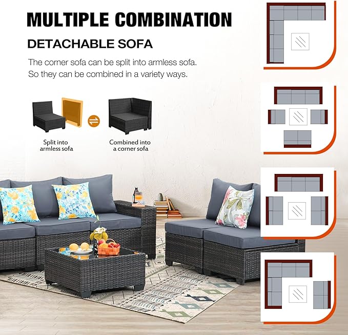 JOYURE 8 Pieces Patio Furniture Set All-Weather Outdoor Wicker Sectional Conversation Sofa Rattan Patio Seating Sofa with Cushion and Glass Table for Porch Poolside,Grey