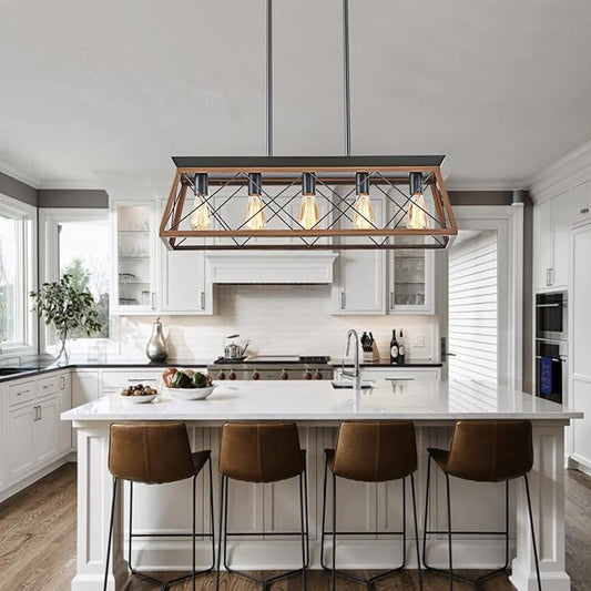 HuixuTe 5-Light Dining Room Chandelier Over Table, Farmhouse Kitchen Island Lighting, Adjustable Height Chandeliers for Kitchen, Dining Room Table Walnut