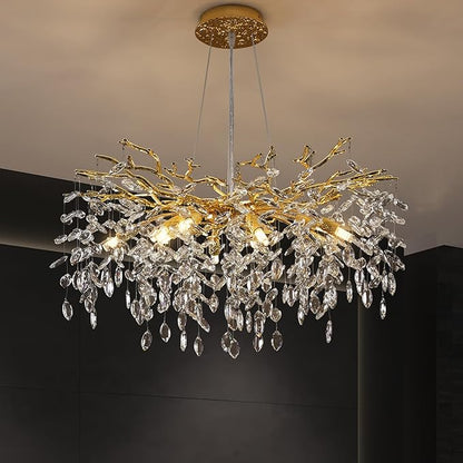 Crystal Tree Branches Chandeliers Luxury Round Gold Hanging Pendant Light 10 Lights for Dining Room Bedroom Living Room Entryway 30.5"