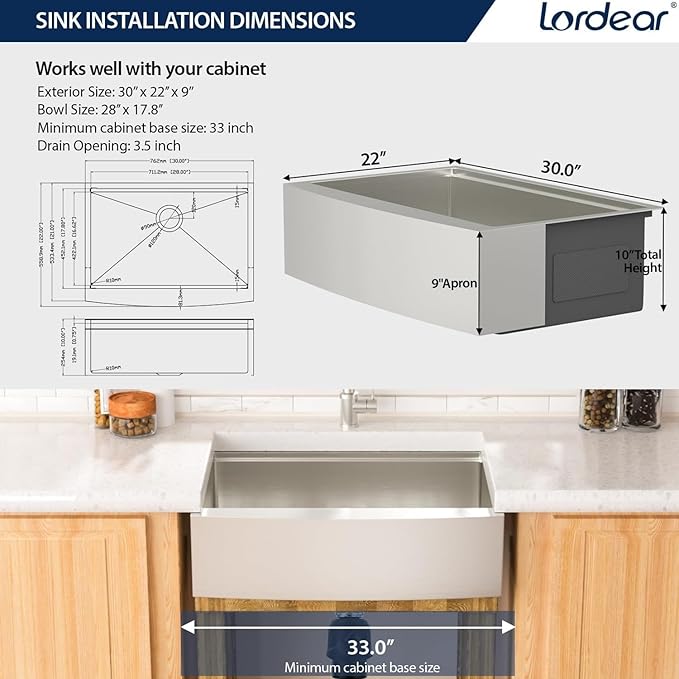 Lordear 30 Kitchen Sink Apron Front 30X22 Inch Farmhouse Sink Workstation 16 Gauge Stainless Steel Single Bowl Handmade Kitchen Farm Sinks Basin, 9" Apron Height