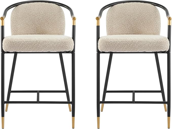 Set of 2 Upholstered Counter Stools - 26" Seat Height Almond Boucle Stools with Sturdy Iron Frame, Gold Trim+Black Base, Contemporary Design for Kitchen Island/Home Bar/Dining Area