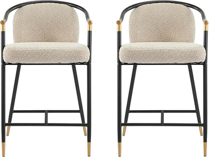 Set of 2 Upholstered Counter Stools - 26" Seat Height Almond Boucle Stools with Sturdy Iron Frame, Gold Trim+Black Base, Contemporary Design for Kitchen Island/Home Bar/Dining Area
