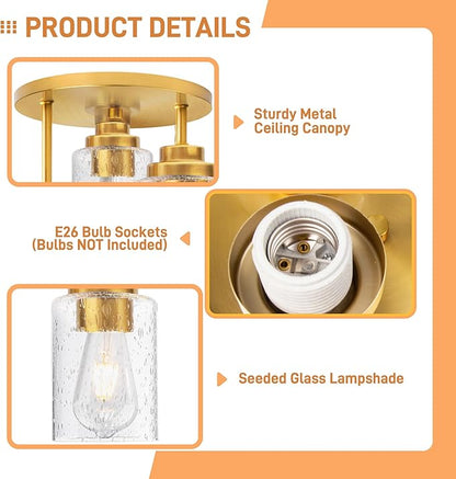 hykolity 3-Light Semi Flush Mount Ceiling Light, 9 Inch Gold Close to Ceiling Light Fixtures with Seeded Glass Shades, Modern Ceiling Lighting for Kitchen, Bedroom, Entryway, Hallway, ETL Listed