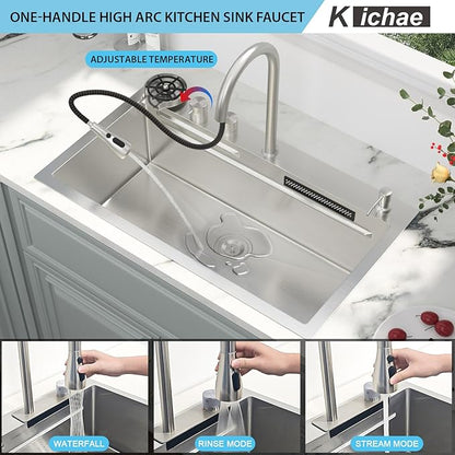 Kichae Drop In Kitchen Sink Waterfall - 33x19 Workstation Kitchen Sink Waterfall Stainless Steel 16 Gauge Luxury Handmade Single Bowl Drop Sinks with Glass Rinser