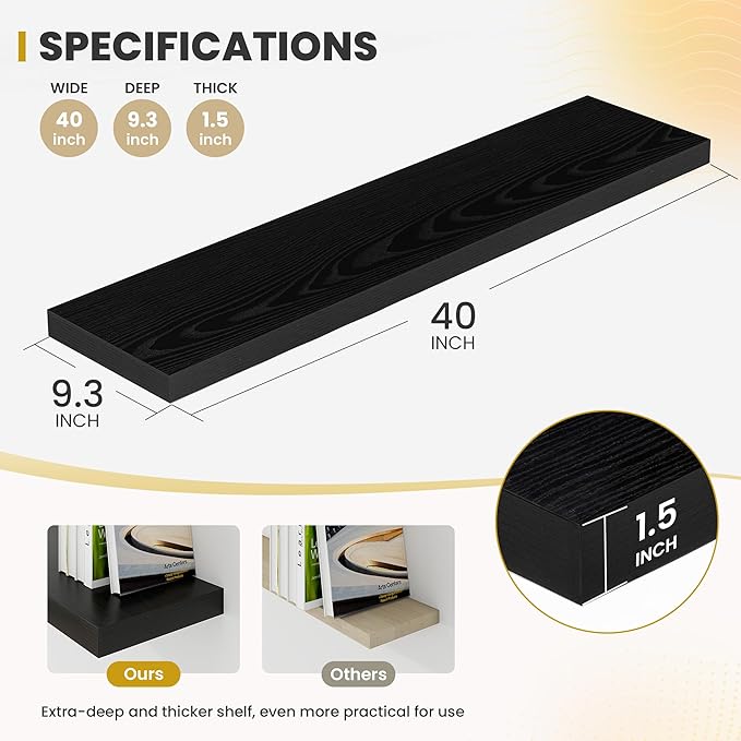 Acovy 40 Inch Floating Shelves, 9.3" Deep Floating Shelf Wall Mounted, 40" Wall Shelves, Rustic Deep Bookshelf, Large Display Shelves & Storage Shelves for Bedroom, Living Room, Black, Set of 2