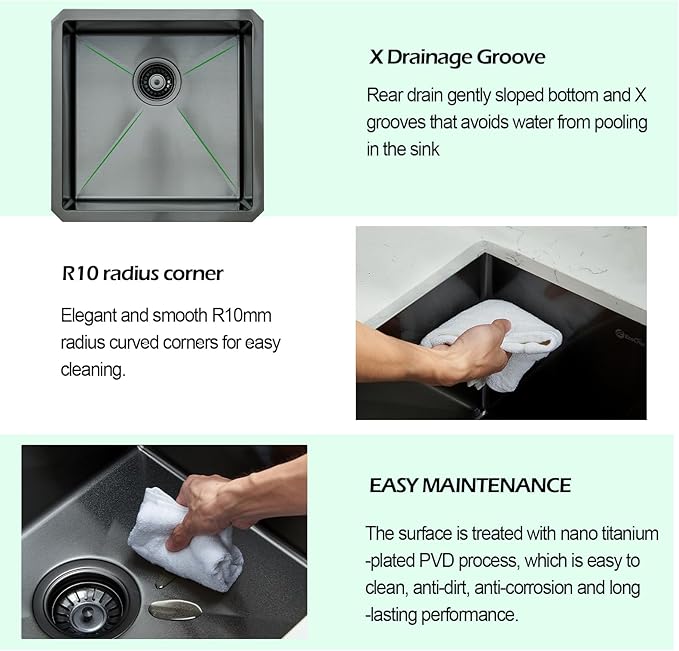 Undermount Kitchen Sink, 18 x 18 x 10 Inch Single Bowl Undermount Small Bar Sink 16 Gauge T-304 Stainless Steel Gunmetal Black Kitchen Sinks