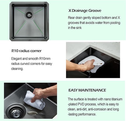 Undermount Kitchen Sink, 18 x 18 x 10 Inch Single Bowl Undermount Small Bar Sink 16 Gauge T-304 Stainless Steel Gunmetal Black Kitchen Sinks