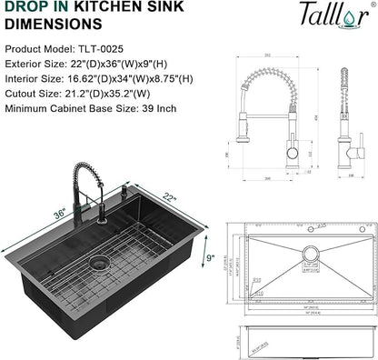 36 Inch Drop In Kitchen Sink with Faucet Combo - 36x22 Workstation All-In One Drop In Gunmetal Black NANO-PVD 16 Gauge Stainless Steel Kitchen Sink Topmount Single Bowl Large Sinks #TLT-0025