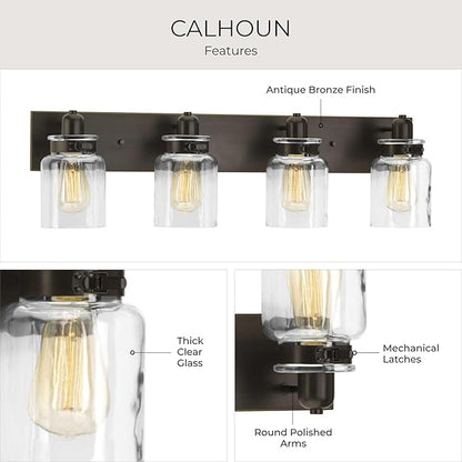 Progress Lighting P300048-020 Calhoun Collection Clear Glass Farmhouse Bath Vanity Light, 4-Light, Antique Bronze
