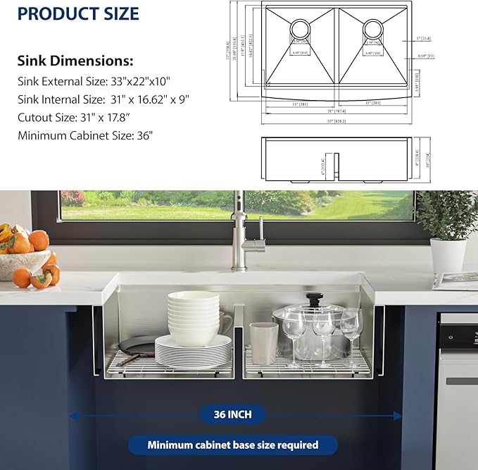 Lordear 33 Farmhouse Sink Double Bowl 33 Inch Farm Kitchen Sink Workstation Apron Front Stainless Steel 16 Gauge Low Divide 50/50 Double Kitchen Farm Sinks 33X22X10 Inch (Apron Height is 9 inch)