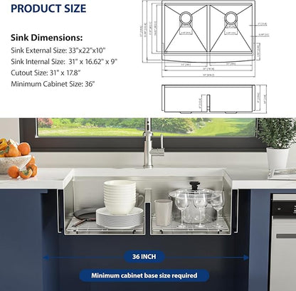 Lordear 33 Farmhouse Sink Double Bowl 33 Inch Farm Kitchen Sink Workstation Apron Front Stainless Steel 16 Gauge Low Divide 50/50 Double Kitchen Farm Sinks 33X22X10 Inch (Apron Height is 9 inch)